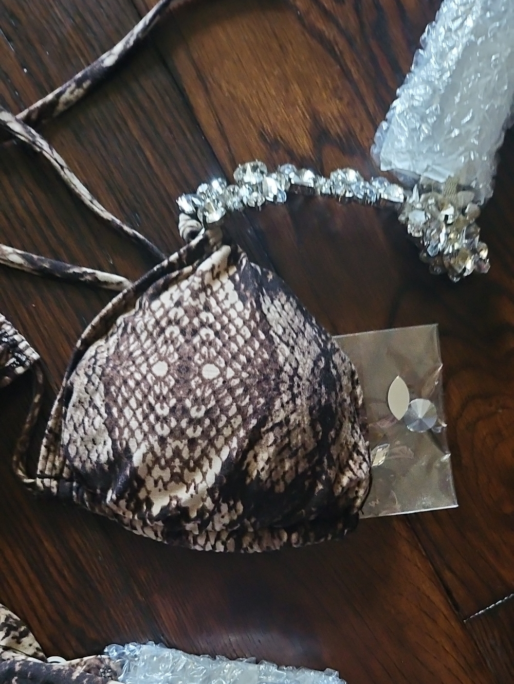Hot Miami Styles Snake-Print Triangle Bikini Top in Brown and Cream